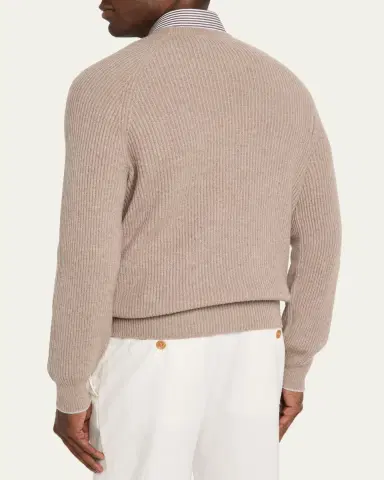 Brunello Cucinelli Men's Cashmere English Rib Crewneck Sweater | Thumbnail 3