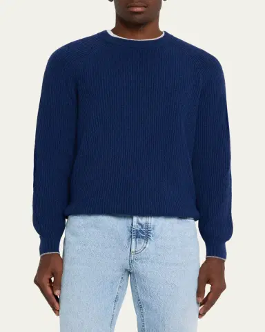 Brunello Cucinelli Men's Cashmere English Rib Crewneck Sweater | Thumbnail 8