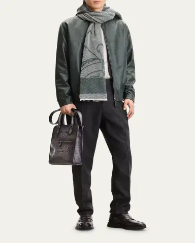 Berluti Men's B-Way Scritto Leather Hooded Jacket | Thumbnail 2