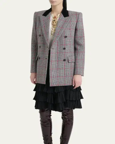 Chloé Check Wool Velvet-Trim Double-Breasted Jacket | Thumbnail 4 Chloé Check Wool Velvet-Trim Double-Breasted Jacket | Thumbnail 4