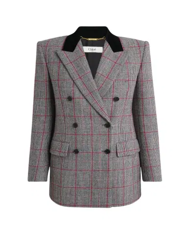 Chloé Check Wool Velvet-Trim Double-Breasted Jacket | Thumbnail 1 Chloé Check Wool Velvet-Trim Double-Breasted Jacket | Thumbnail 1
