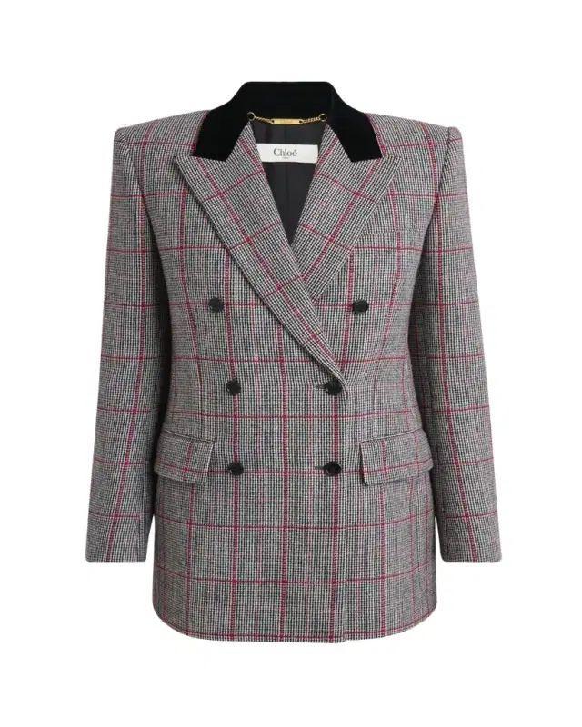 Chloe Check Wool Velvet-Trim Double-Breasted Jacket