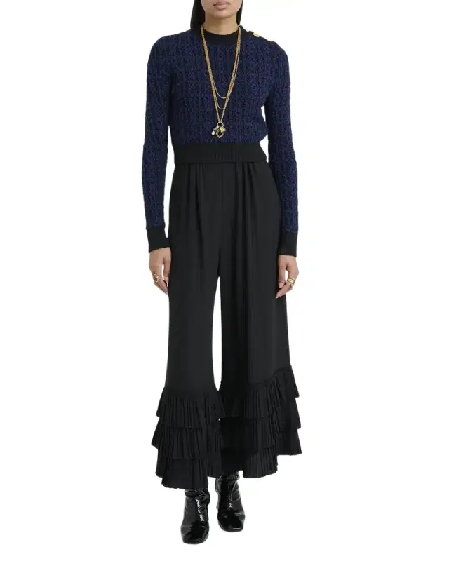 Chloe Button-Shoulder Boucle Knit Crop Sweater