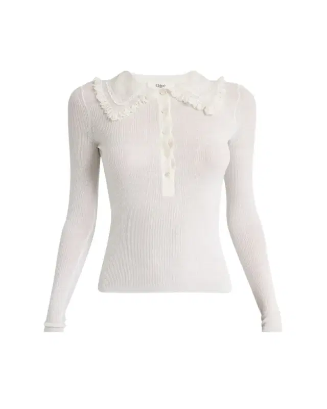 Chloe Lace-Collar Superfine Wool Rib Knit Top