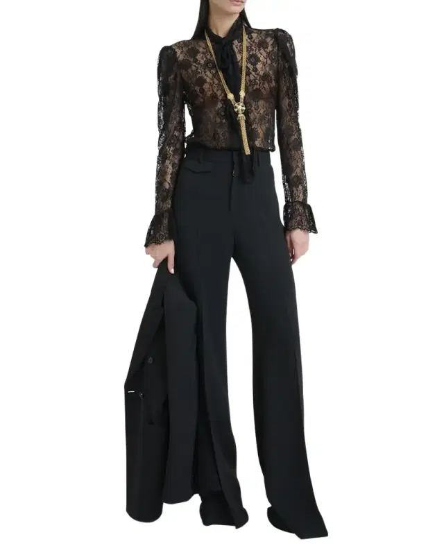 Tie-Neck Lace Button-Down Blouse