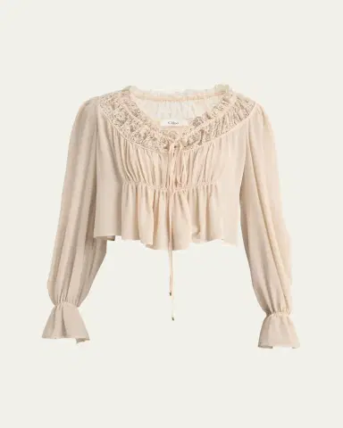 Chloé Ruched Lace Silk Peasant Blouse | Thumbnail 5