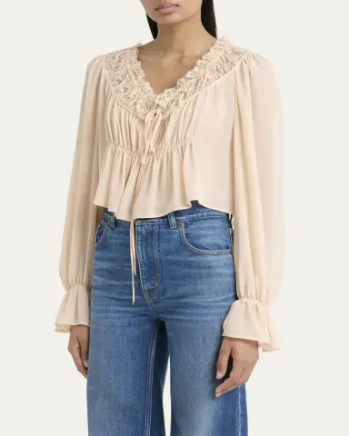 Chloé Ruched Lace Silk Peasant Blouse | Thumbnail 8