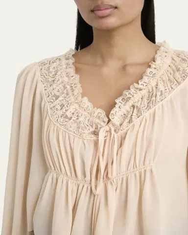Chloé Ruched Lace Silk Peasant Blouse | Thumbnail 9