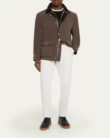 Brunello Cucinelli Men's Nylon Corduroy-Collar Full-Zip Jacket | Thumbnail 2 Brunello Cucinelli Men's Nylon Corduroy-Collar Full-Zip Jacket | Thumbnail 2