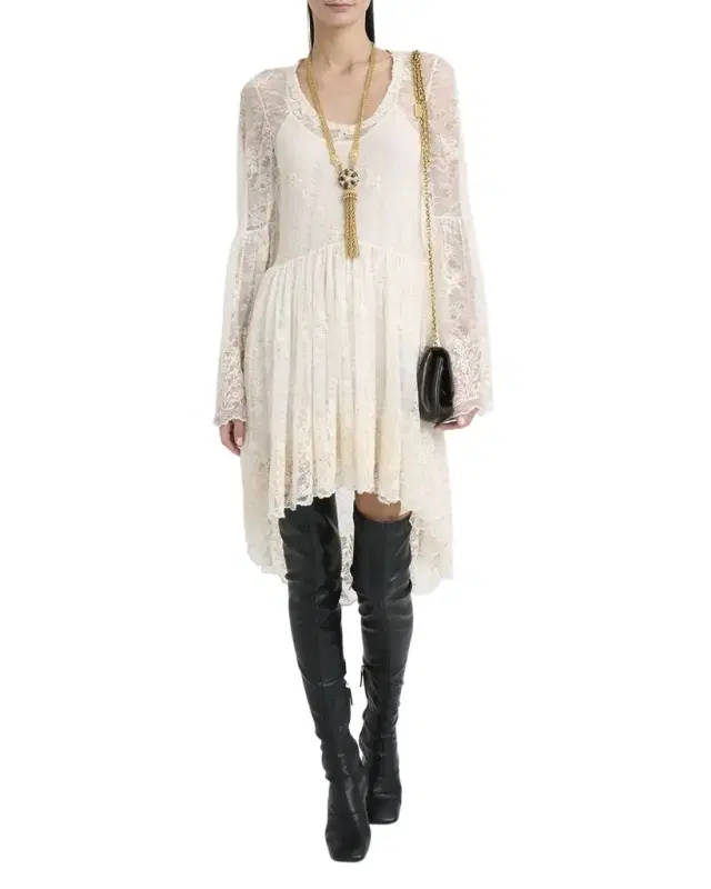Lace U-Neck Long-Sleeve Mini Dress