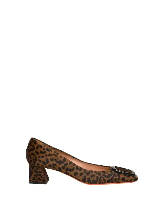 Leopard Block Heel Buckle Pumps