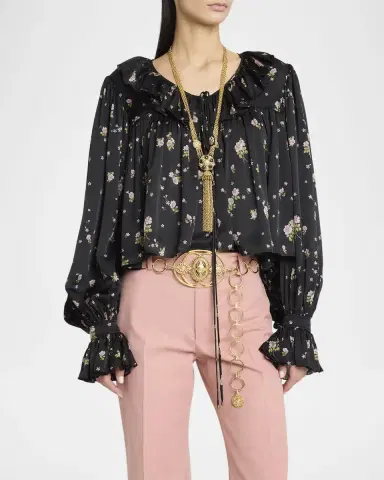 Chloé Floral Silk Ruffle Peasant Blouse | Thumbnail 3