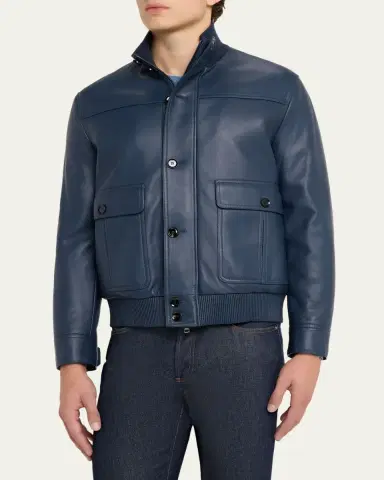 Brioni Men's Leather Button-Front Blouson | Thumbnail 4 Brioni Men's Leather Button-Front Blouson | Thumbnail 4
