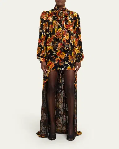 Saint Laurent Floral Velvet Long-Sleeve High-Low Dress | Thumbnail 2