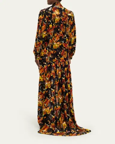 Saint Laurent Floral Velvet Long-Sleeve High-Low Dress | Thumbnail 3