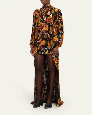 Saint Laurent Floral Velvet Long-Sleeve High-Low Dress | Thumbnail 4