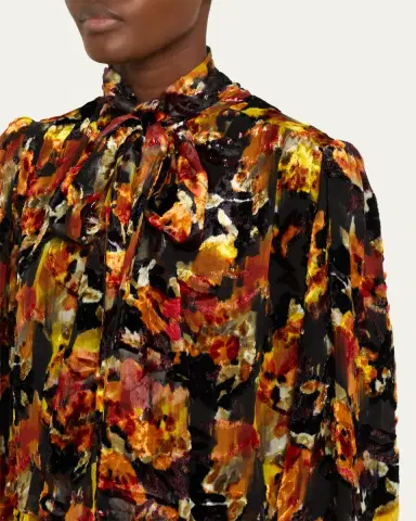 Saint Laurent Floral Velvet Long-Sleeve High-Low Dress | Thumbnail 6