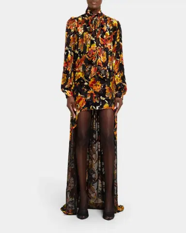 Saint Laurent Floral Velvet Long-Sleeve High-Low Dress | Thumbnail 7