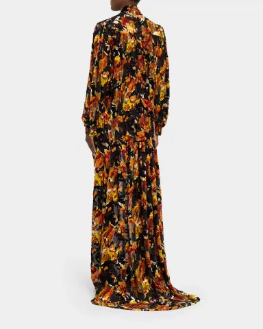 Saint Laurent Floral Velvet Long-Sleeve High-Low Dress | Thumbnail 8