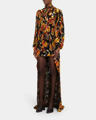 Saint Laurent Floral Velvet Long-Sleeve High-Low Dress | Thumbnail 9