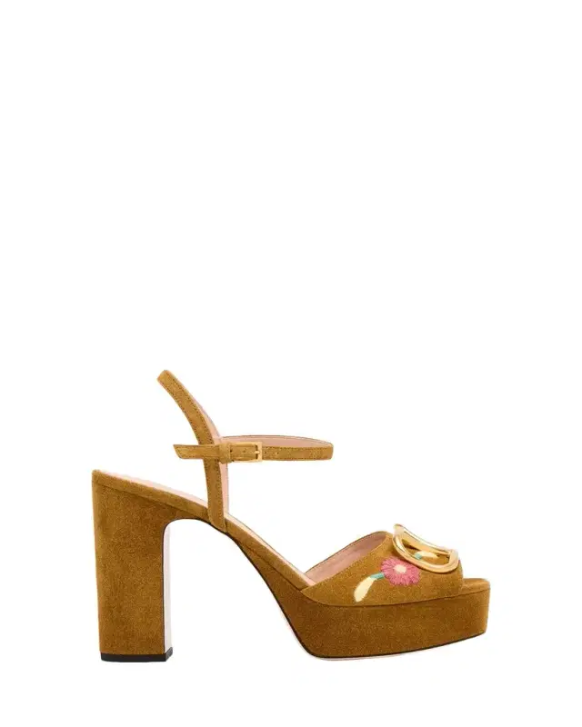 Floral Embroidered VLogo Suede Platform Sandals