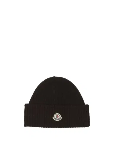 Moncler Men's Cashmere and Wool Rib Logo Beanie Hat | Thumbnail 1 Moncler Men's Cashmere and Wool Rib Logo Beanie Hat | Thumbnail 1