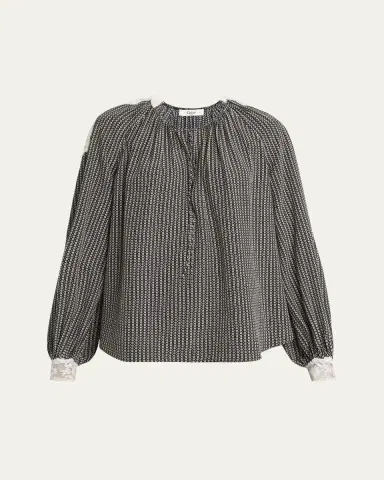 Chloé Micro Check Silk Long-Sleeve Blouse | Thumbnail 6