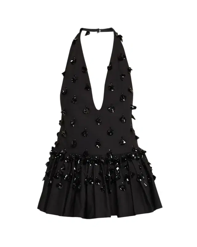 Diotima Embellished Plunging Ruffle Halter Top