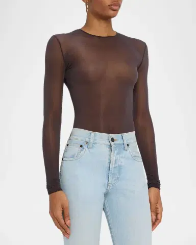 Saint Laurent Sheer Knit Long-Sleeve Bodysuit | Thumbnail 3