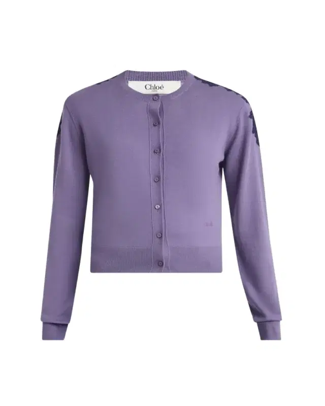 Guipure Lace-Trim Crewneck Knit Cardigan
