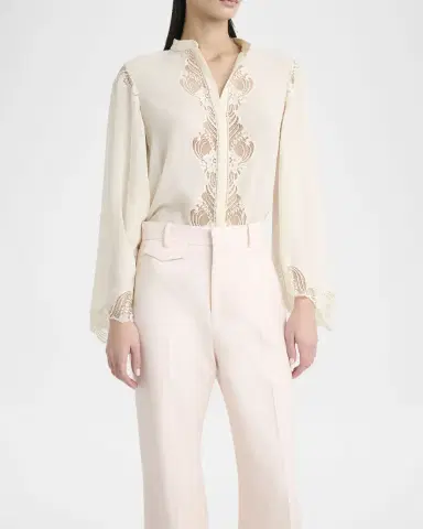 Chloé Lace Placket Tulip-Sleeve Silk Blouse | Thumbnail 3