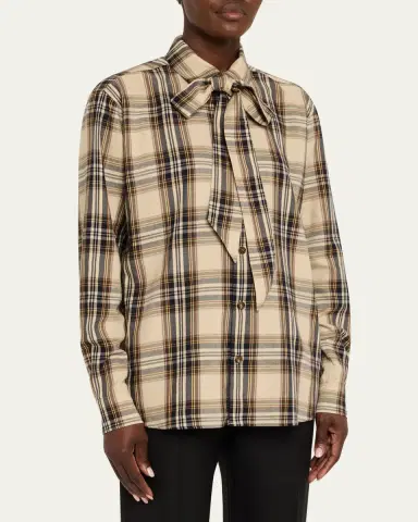 Saint Laurent Neck-Tie Plaid Button-Down Blouse | Thumbnail 4