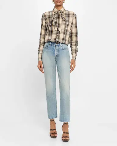 Saint Laurent Neck-Tie Plaid Button-Down Blouse | Thumbnail 7