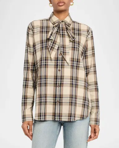 Saint Laurent Neck-Tie Plaid Button-Down Blouse | Thumbnail 9