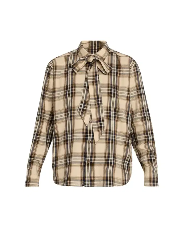 Neck-Tie Plaid Button-Down Blouse