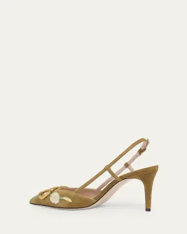 Valentino Garavani VLogo Signature Flower-Embroidered Suede Slingback Pumps | Thumbnail 2 Valentino Garavani VLogo Signature Flower-Embroidered Suede Slingback Pumps | Thumbnail 2