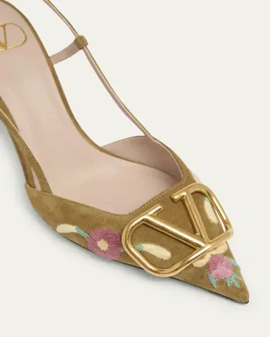 Valentino Garavani VLogo Signature Flower-Embroidered Suede Slingback Pumps | Thumbnail 3 Valentino Garavani VLogo Signature Flower-Embroidered Suede Slingback Pumps | Thumbnail 3