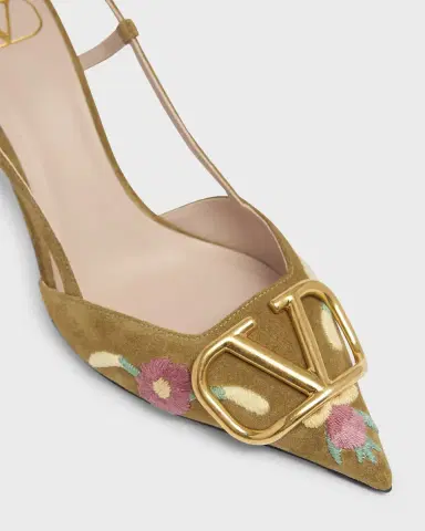 Valentino Garavani VLogo Signature Flower-Embroidered Suede Slingback Pumps | Thumbnail 5 Valentino Garavani VLogo Signature Flower-Embroidered Suede Slingback Pumps | Thumbnail 5