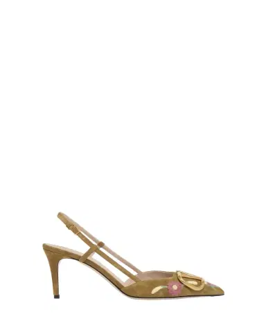 Valentino Garavani VLogo Signature Flower-Embroidered Suede Slingback Pumps | Thumbnail 1 Valentino Garavani VLogo Signature Flower-Embroidered Suede Slingback Pumps | Thumbnail 1