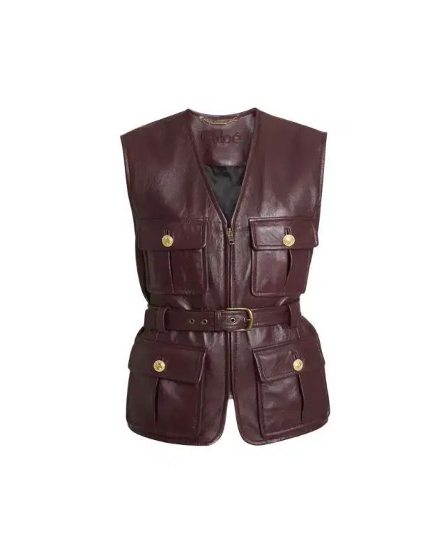 Lambskin Leather Belted Zip Slouch Vest