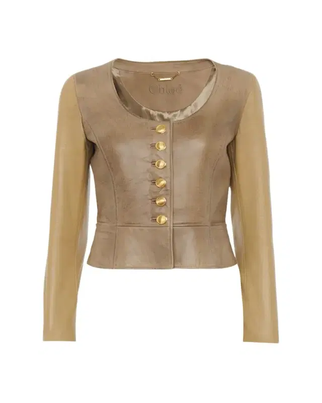 Scoop-Neck Leather Single-Breasted Jacket