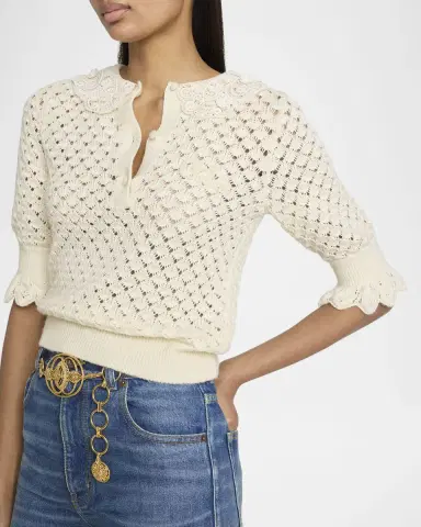Chloé Lace-Collar Open Knit Polo Top | Thumbnail 4