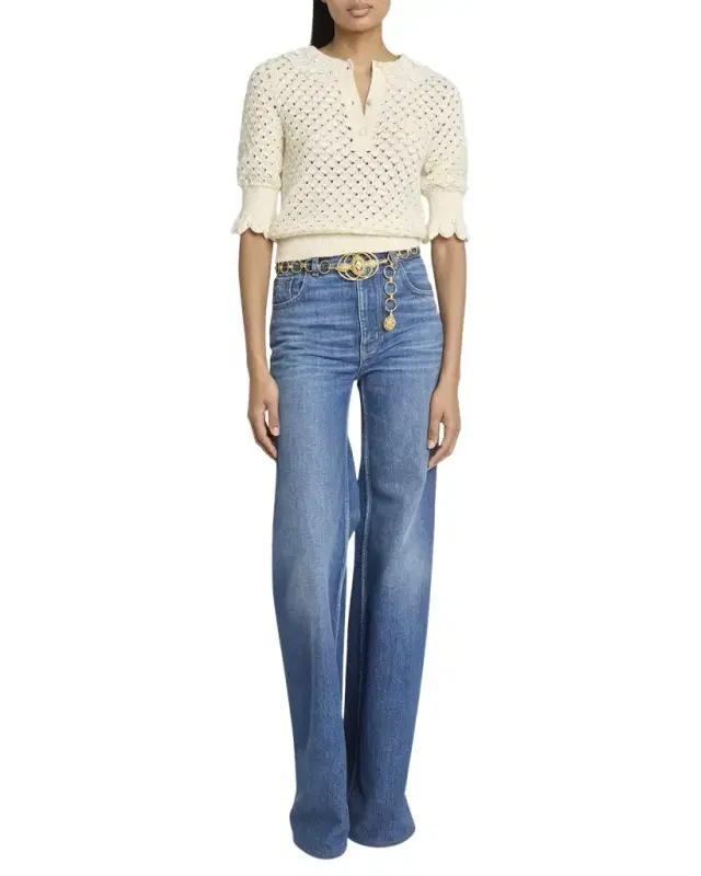 Lace-Collar Open Knit Polo Top