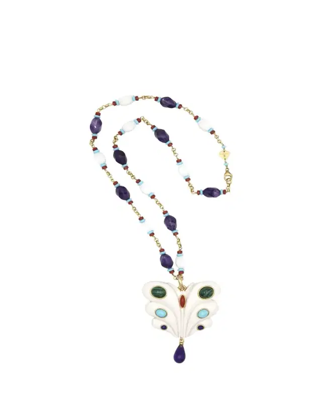 Butterfly Charm Beaded Chain Necklace with Resin and Amethyst