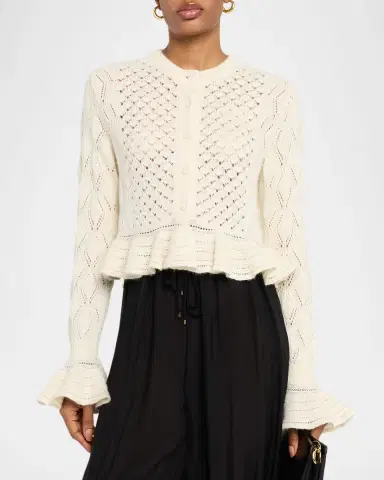 Chloé Open-Knit Ruffle Crewneck Cardigan | Thumbnail 3 Chloé Open-Knit Ruffle Crewneck Cardigan | Thumbnail 3