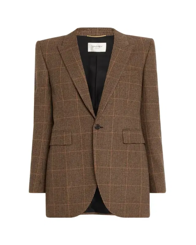 Saint Laurent Single-Breasted Slim Houndstooth Plaid Blazer