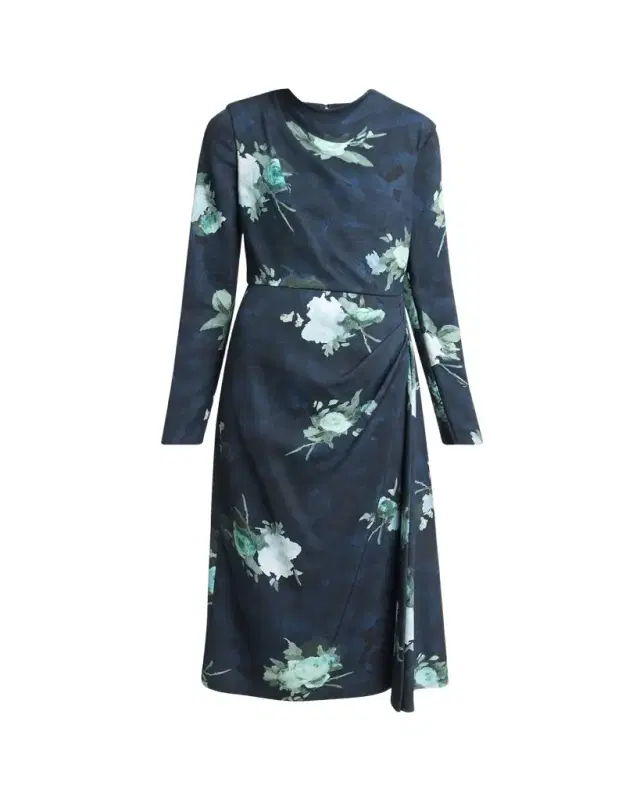 Floral Long-Sleeve Draped Midi Dress