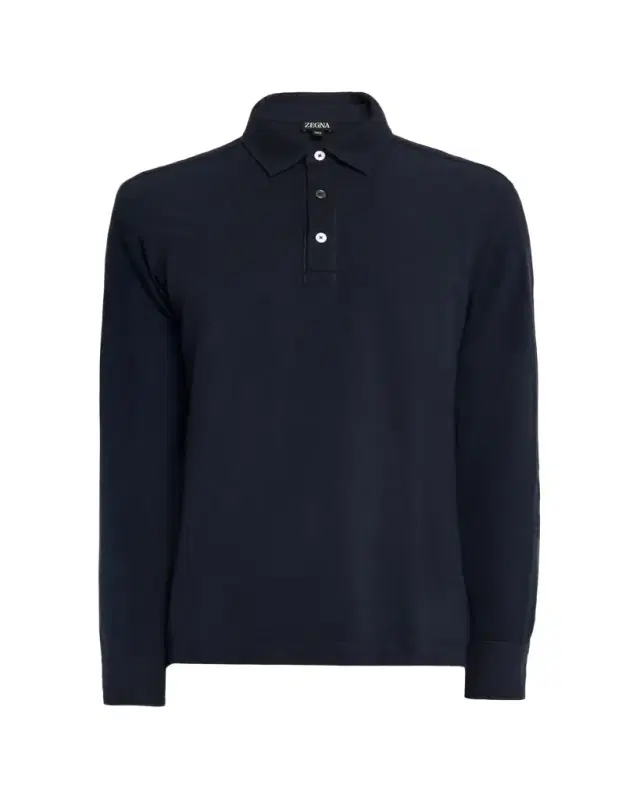 Men's Leather-Trim Cotton Long-Sleeve Polo Shirt