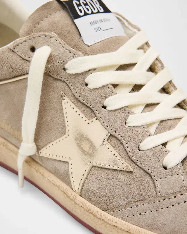 Ball Star Mixed Leather Low-Top Sneakers with Bead Lettering