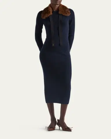 Prada Cashmere Pointelle Knit Long-Sleeve Midi Sweater Dress | Thumbnail 2 Prada Cashmere Pointelle Knit Long-Sleeve Midi Sweater Dress | Thumbnail 2